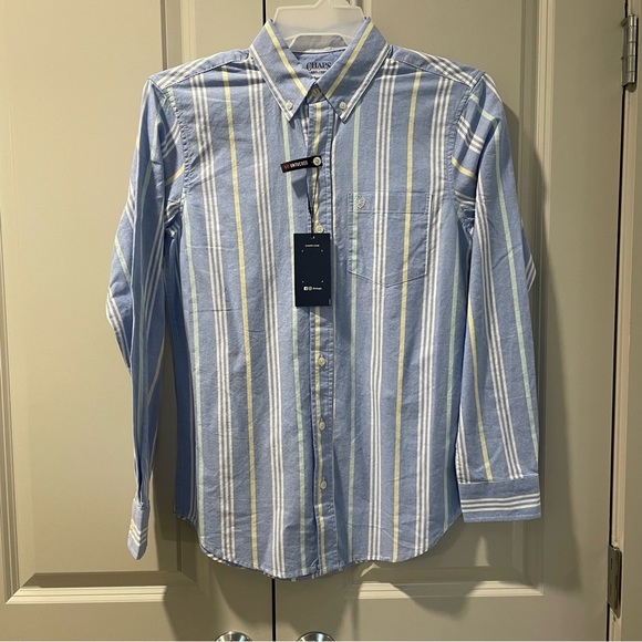 Chaps Men’s Short Sleeve Stripe Shirt Blue Yellow Small Button Front Untucked - Picture 6 of 8